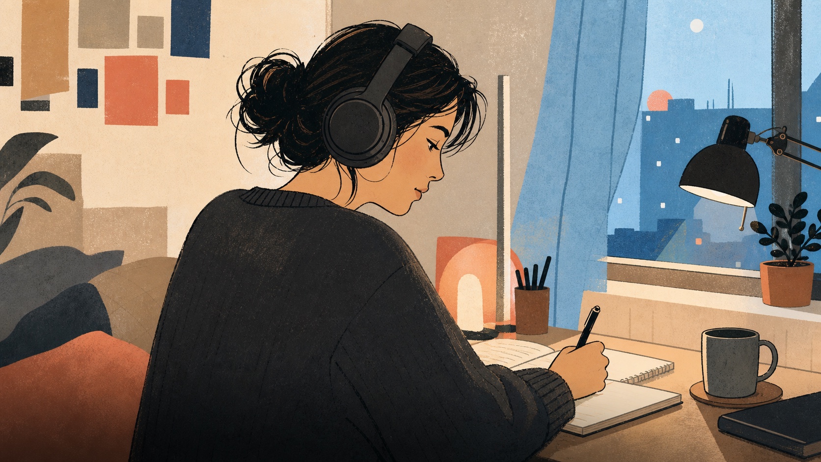 A Korean learner wearing headphones and writing at a desk